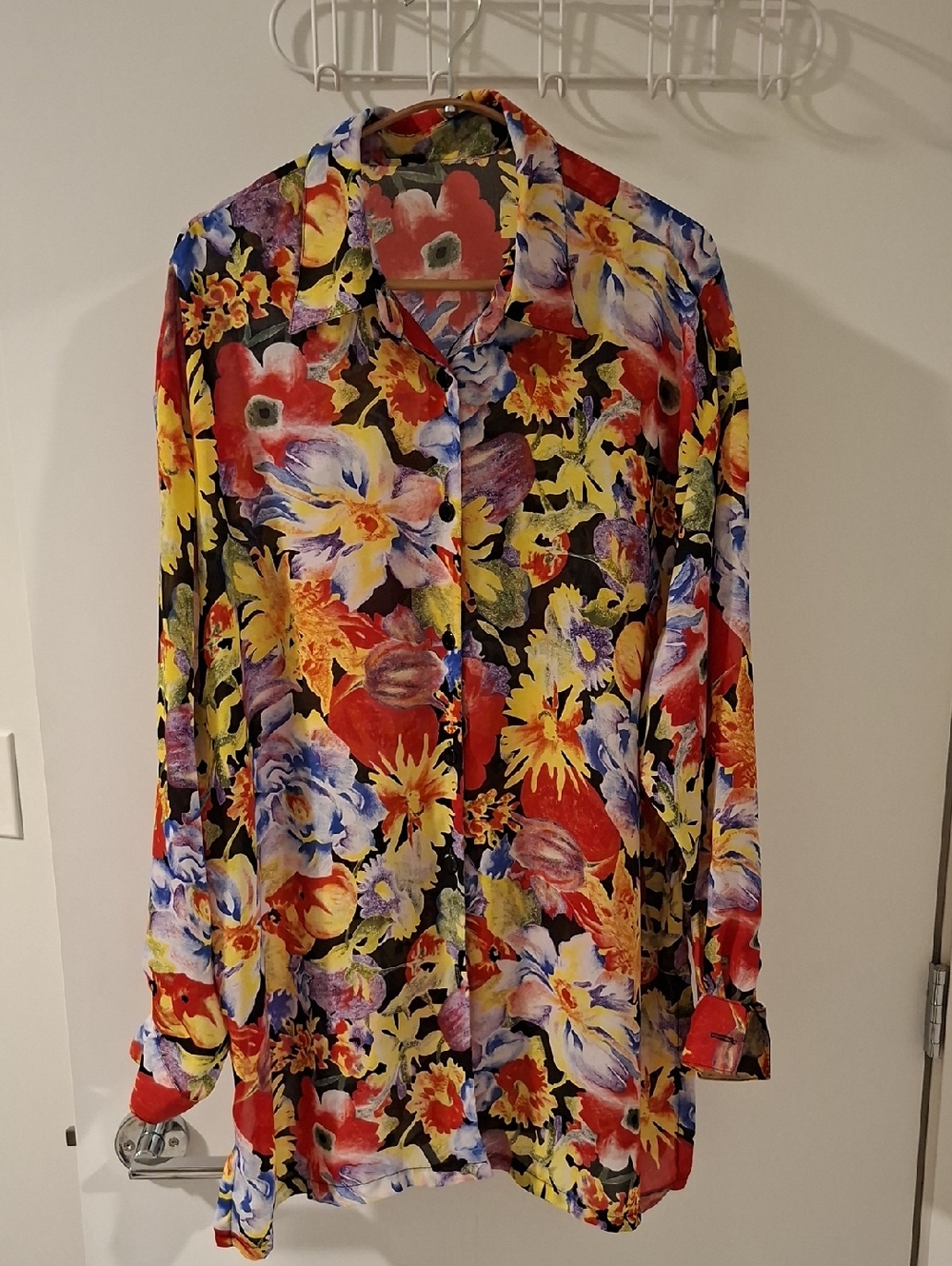 Vibrant Black & Rainbow Sheer Flowy Floral Button-down Shirt/Tunic (Size 2XL)